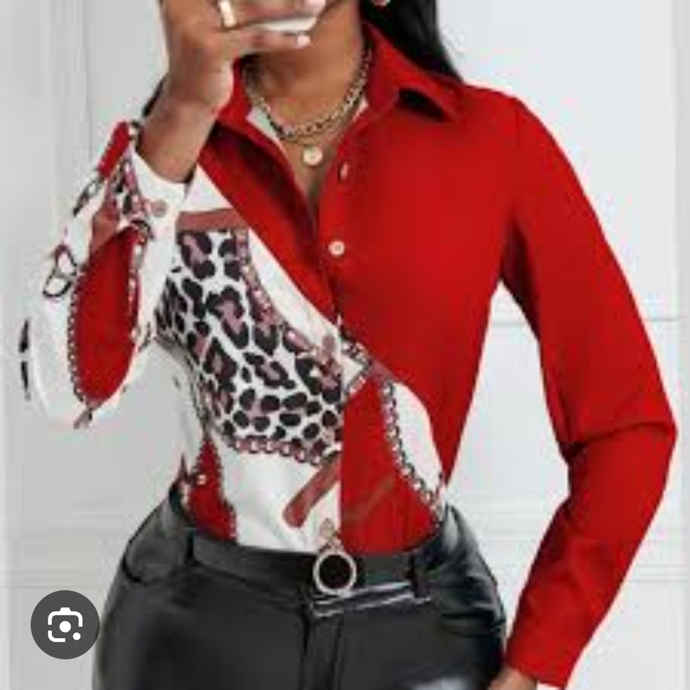 SHEIN Red and White Animal Print Blouse